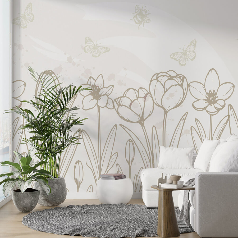 Disegno al tratto di fiori e farfalle