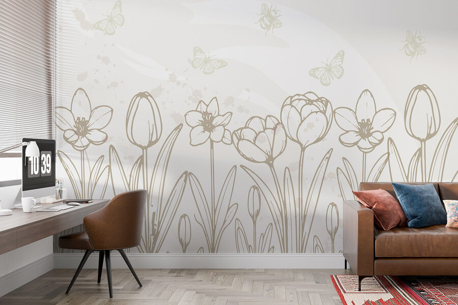 Disegno al tratto di fiori e farfalle