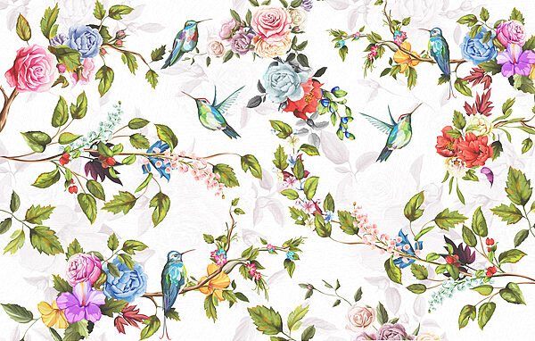 Carta da parati con fiori e uccelli Carta da parati con fiori e uccelli
