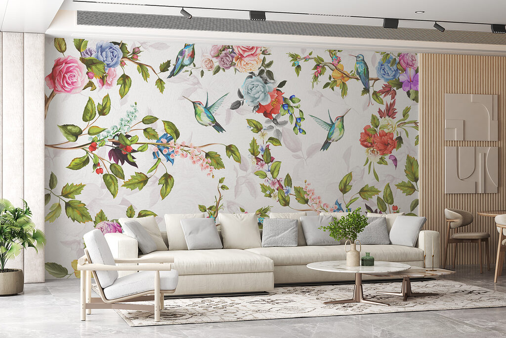Wallpaper with flowers and birds