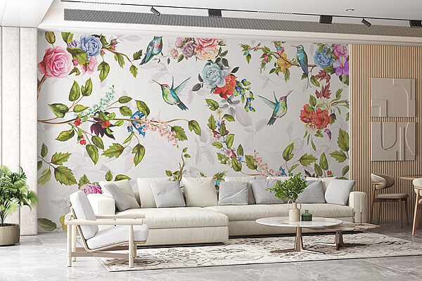 Carta da parati con fiori e uccelli Carta da parati con fiori e uccelli