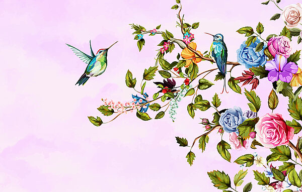 Pittura di uccelli su un ramo con fiori Pittura di uccelli su un ramo con fiori