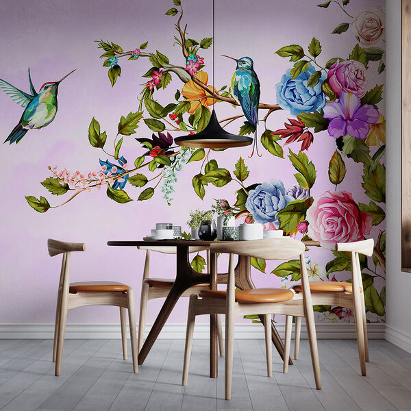 Pittura di uccelli su un ramo con fiori Pittura di uccelli su un ramo con fiori