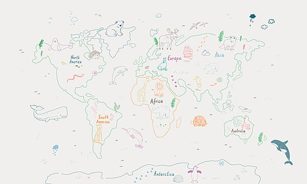 Mappa del mondo con animali e testo Mappa del mondo con animali e testo