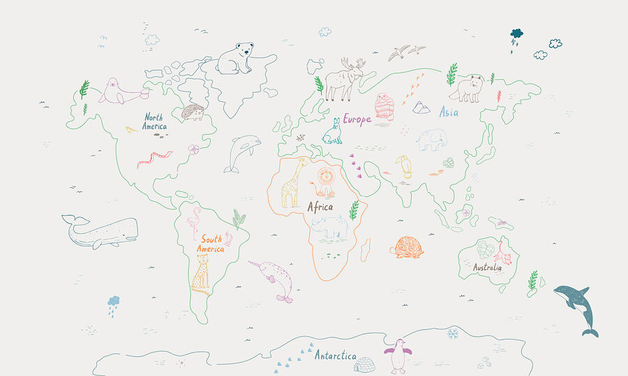 Mappa del mondo con animali e testo