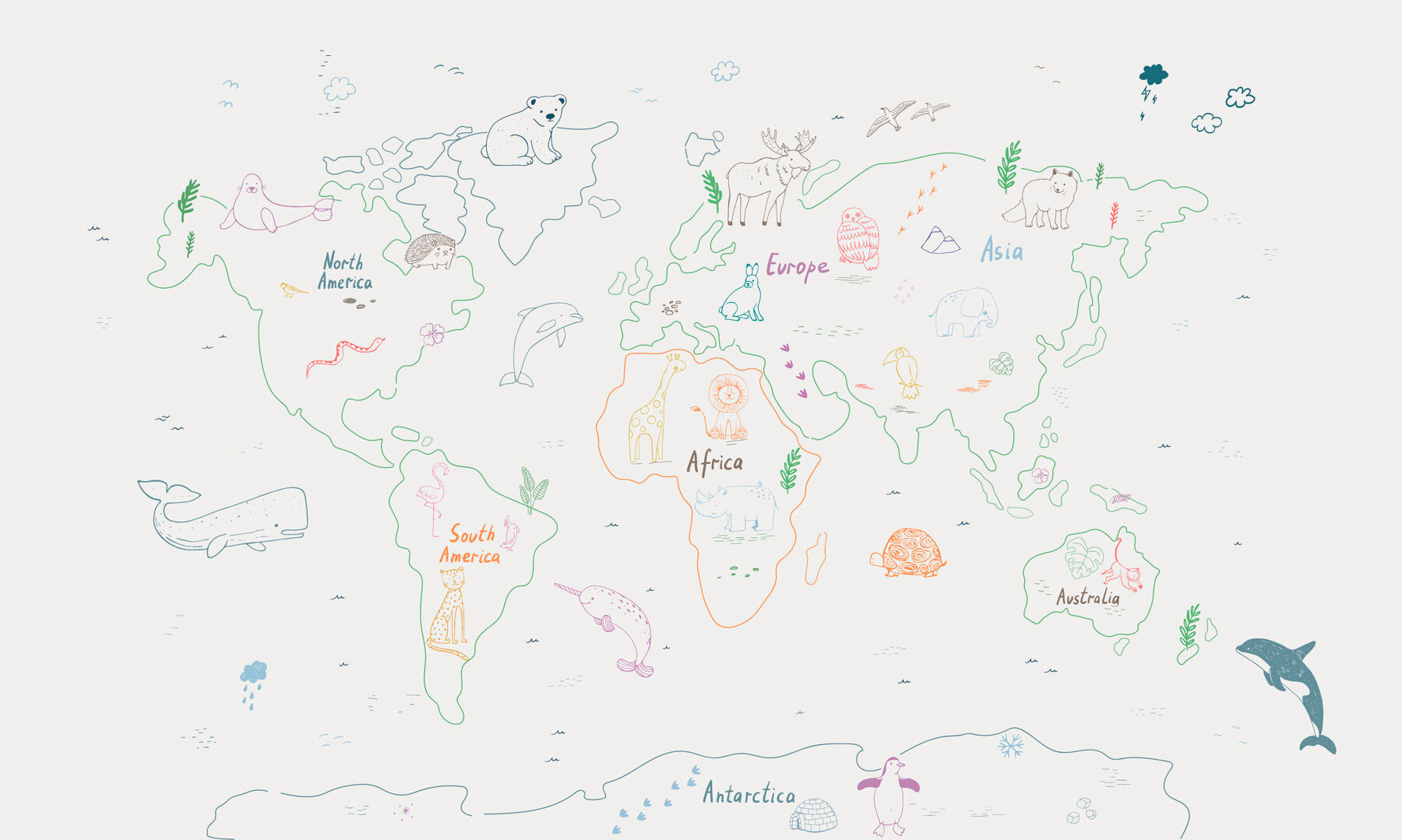 Map of the world with animals and text Map of the world with animals and text