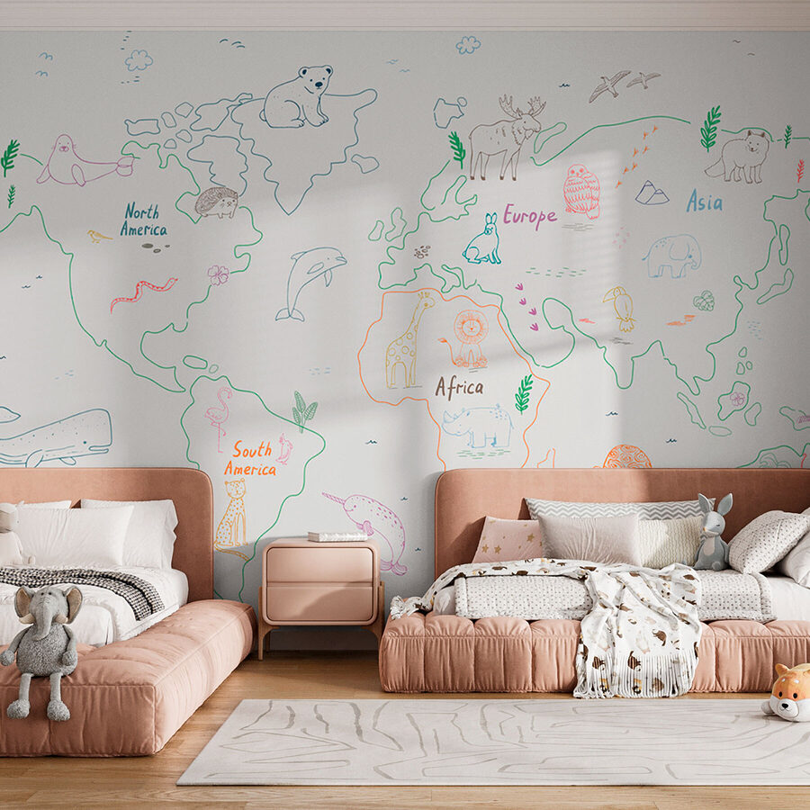 Mappa del mondo con animali e testo
