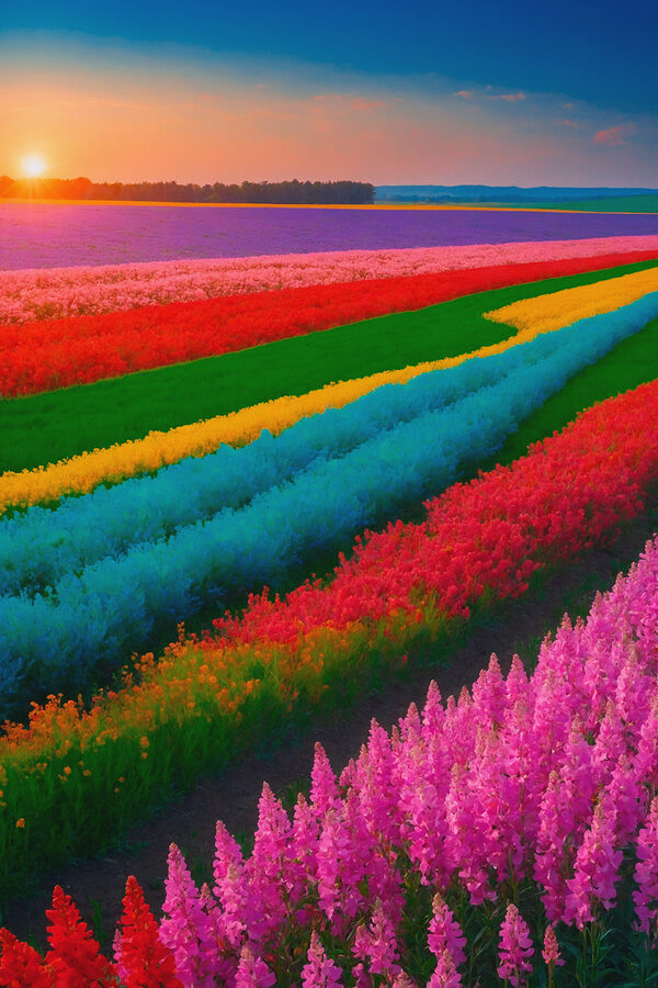 Field of flowers with the sun setting behind them