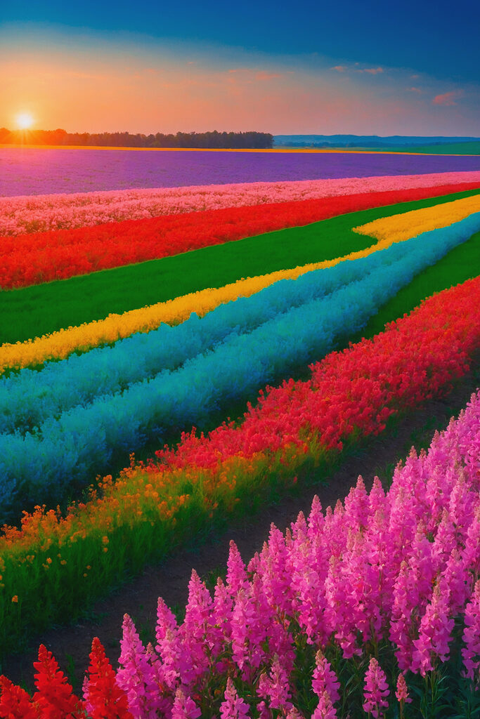 Field of flowers with the sun setting behind them