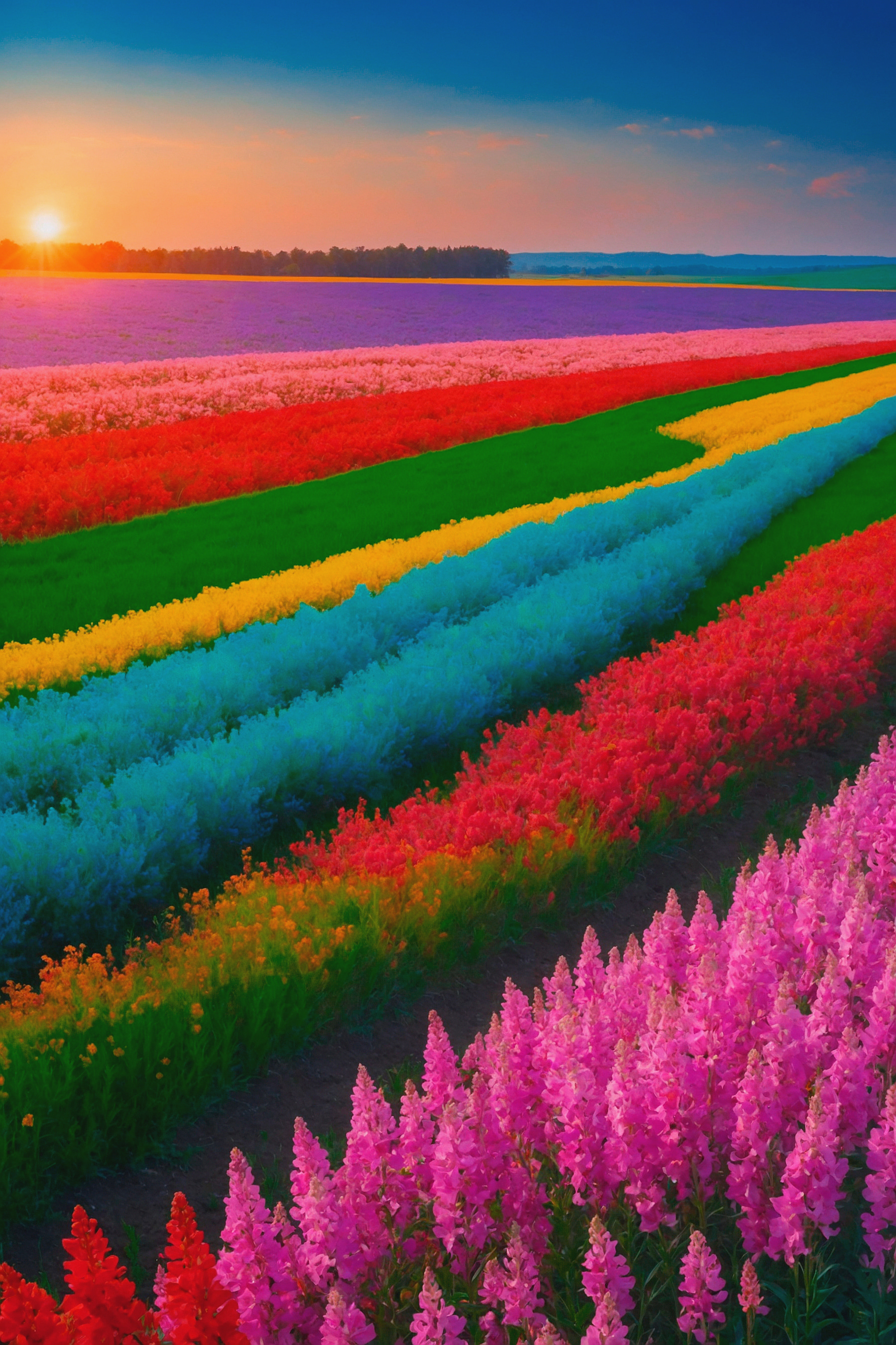Field of flowers with the sun setting behind them