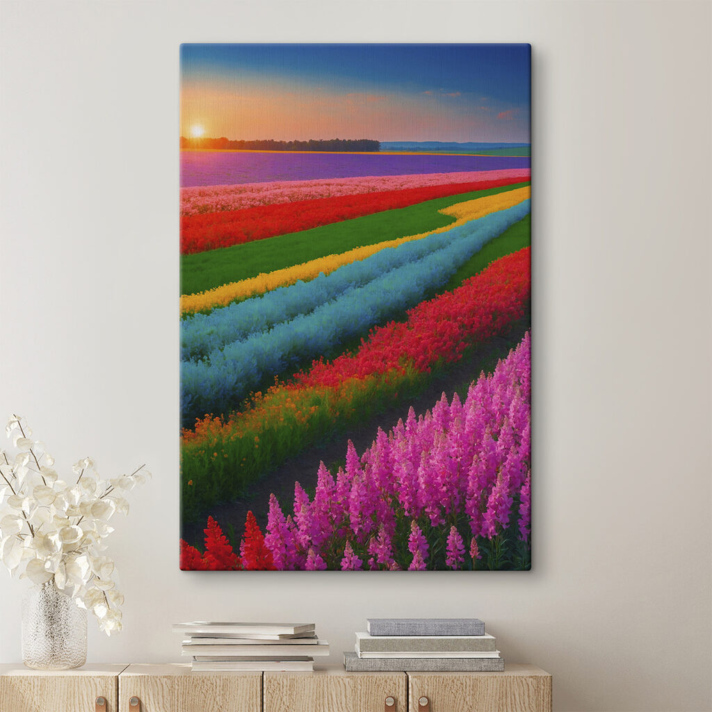 Field of flowers with the sun setting behind them