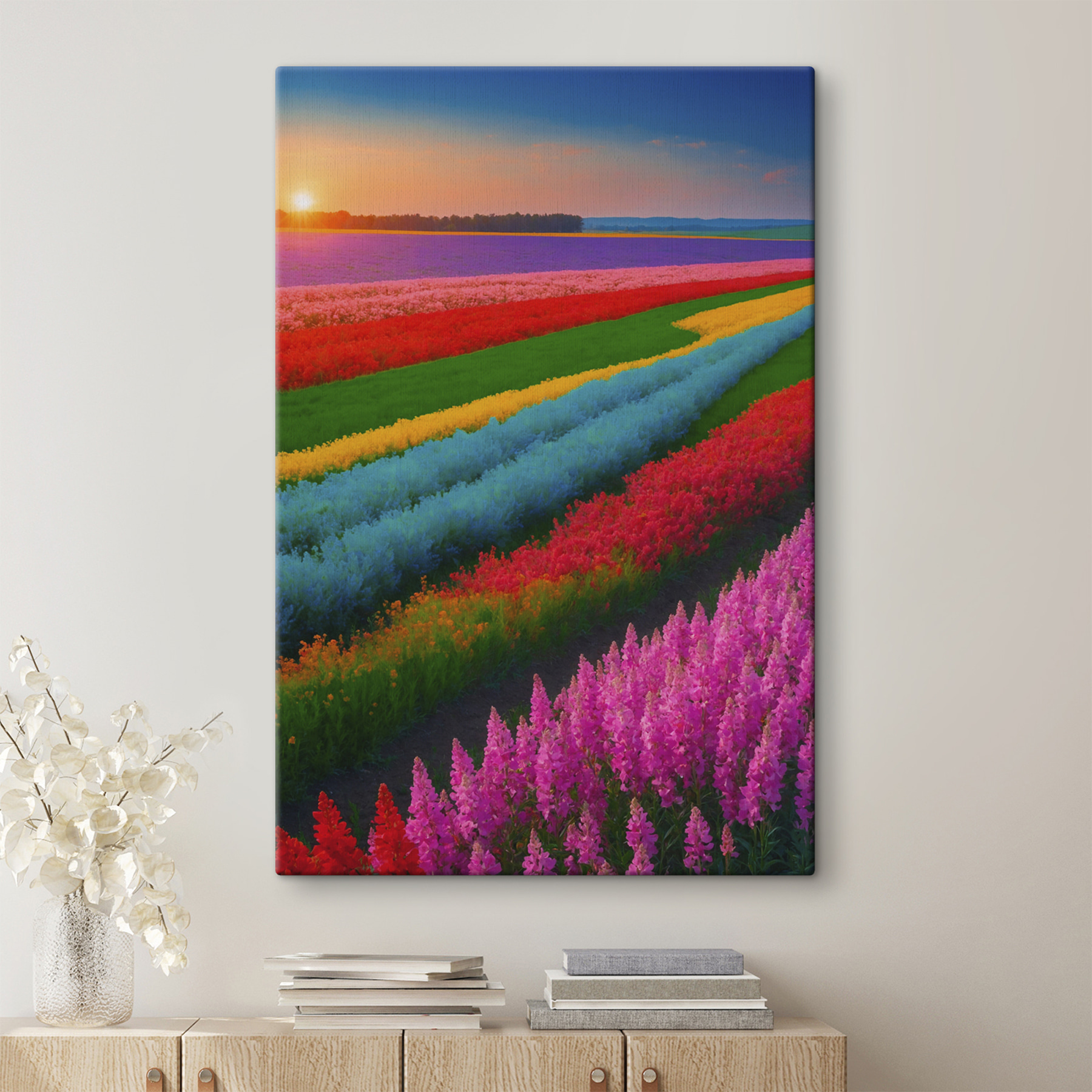 Field of flowers with the sun setting behind them