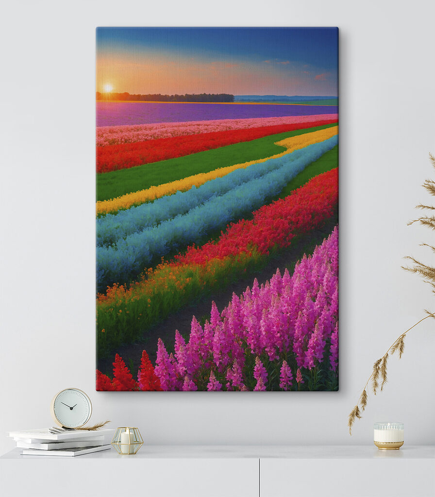 Field of flowers with the sun setting behind them