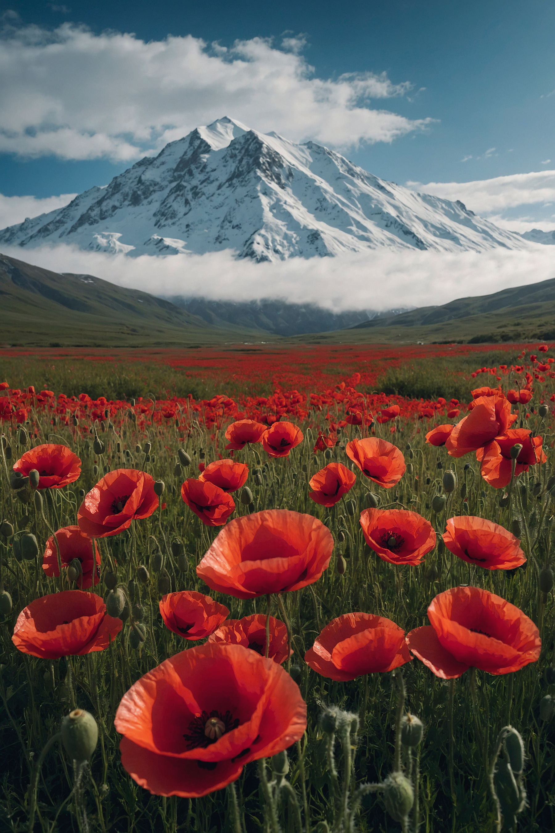 Field of red flowers with a mountain in the background