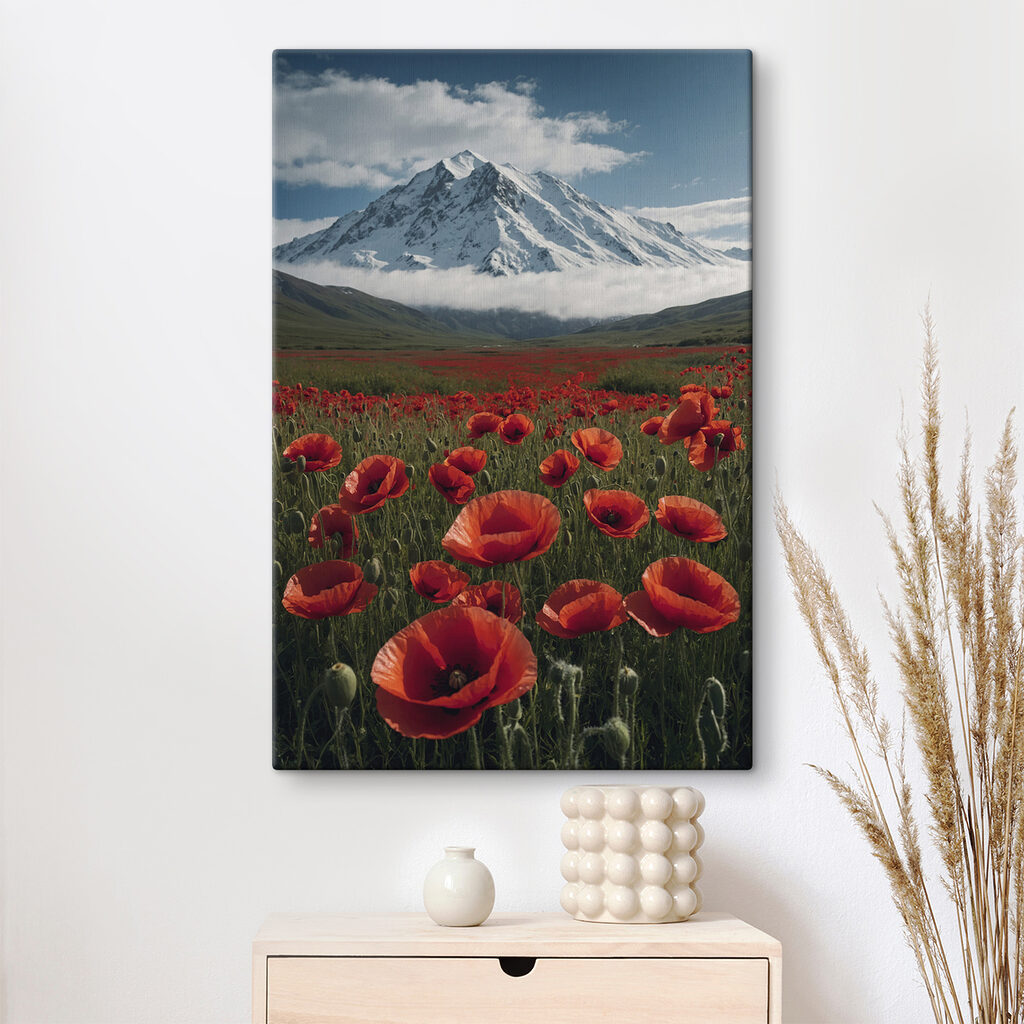 Field of red flowers with a mountain in the background