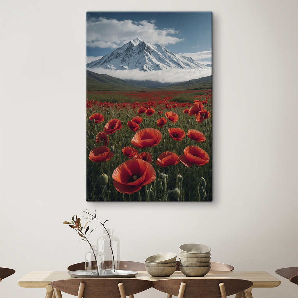 Field of red flowers with a mountain in the background