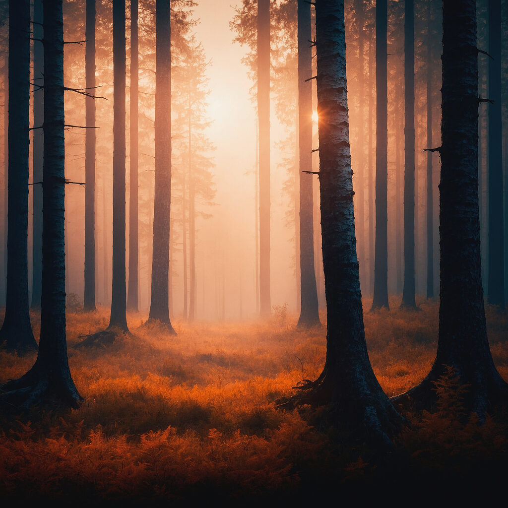 Forest with trees and fog