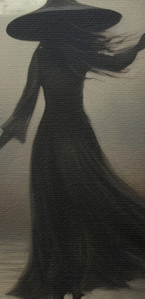 Woman in a person garment walking on a path with a full moon Woman in a person garment walking on a path with a full moon