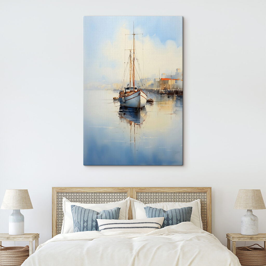 Watercolor of a boat in a harbor