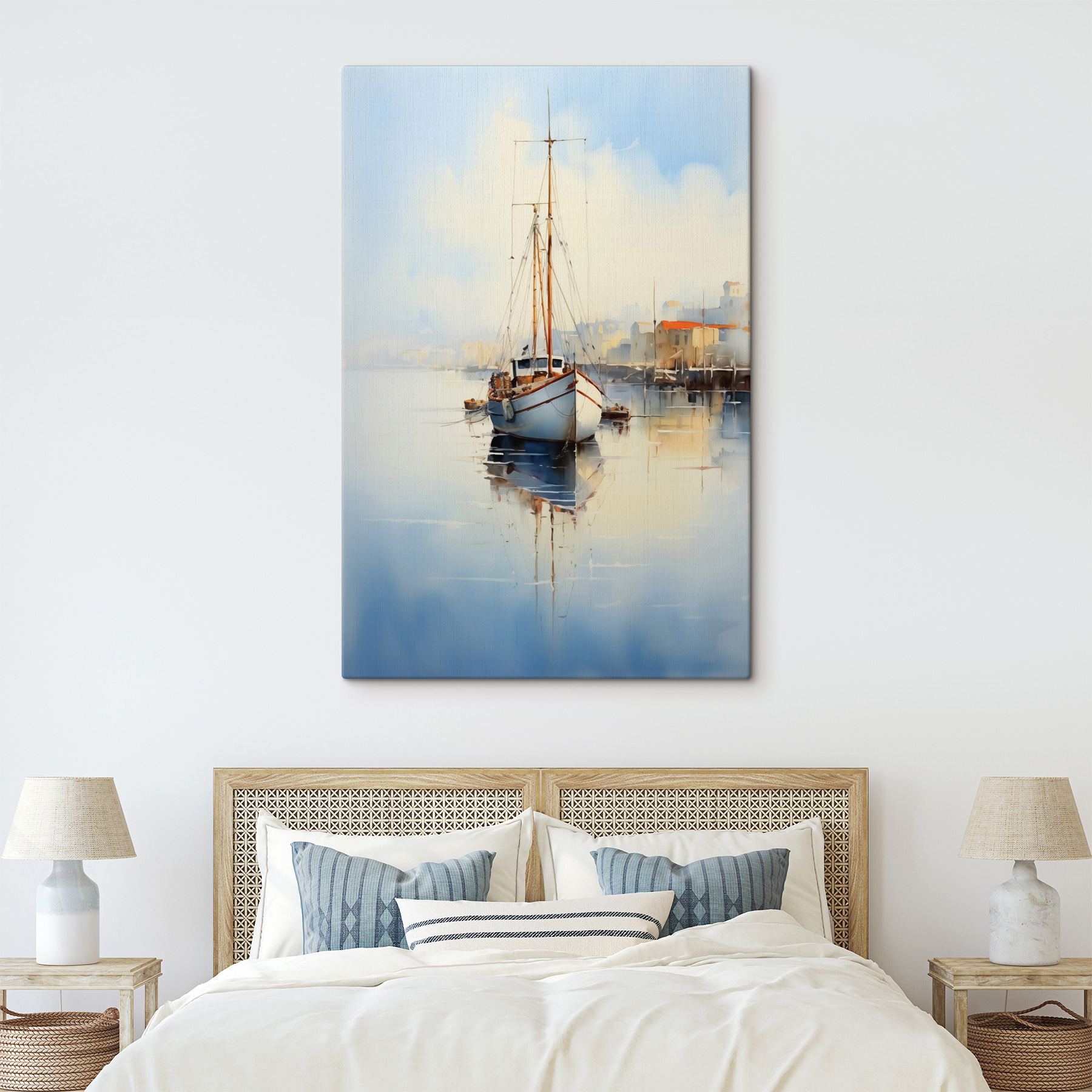 Watercolor of a boat in a harbor