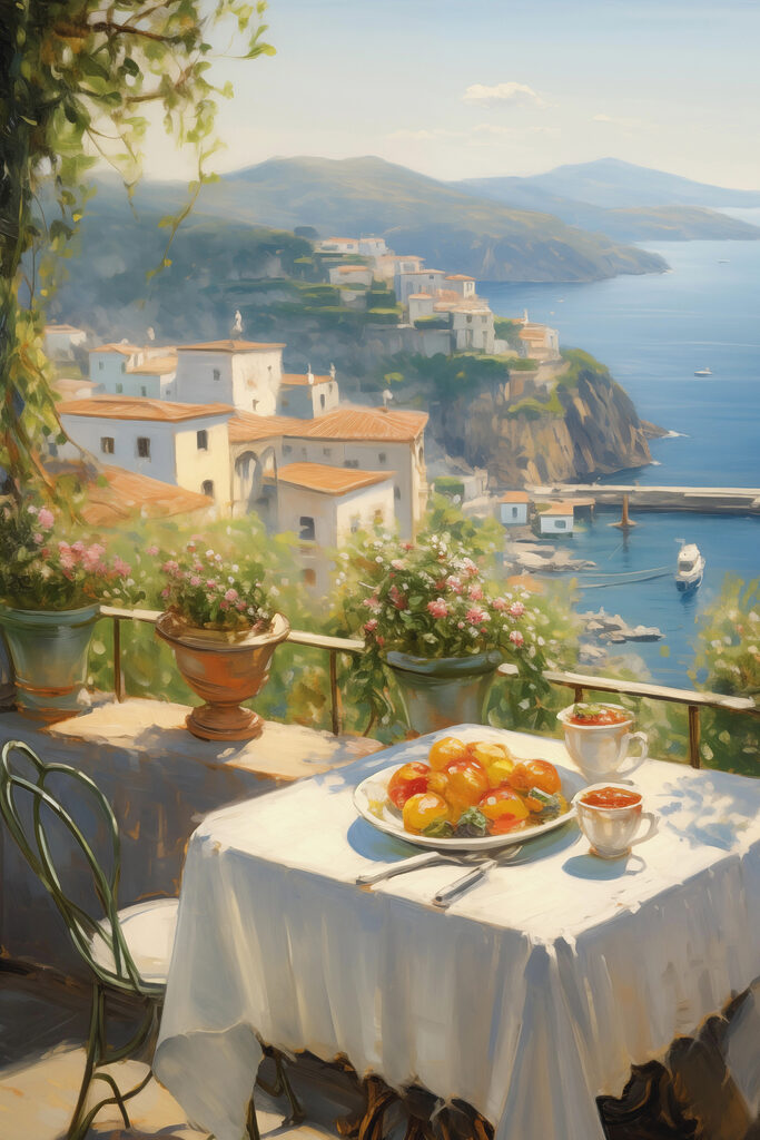Table with fruit on it and a view of the ocean Table with fruit on it and a view of the ocean