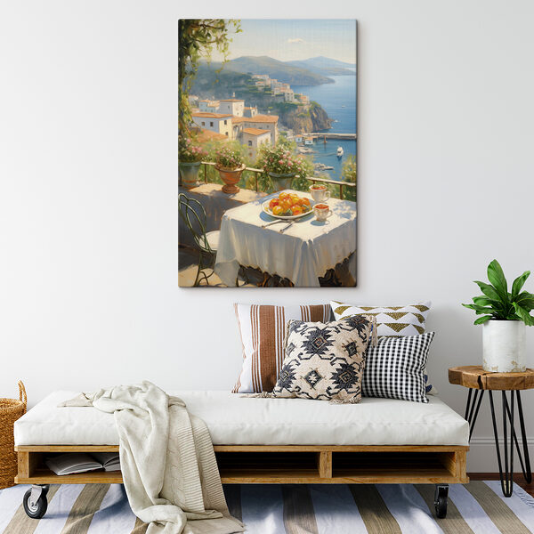 Quadri Quadri Tavolo con della frutta e vista sull'oceano (COD: s40719)
