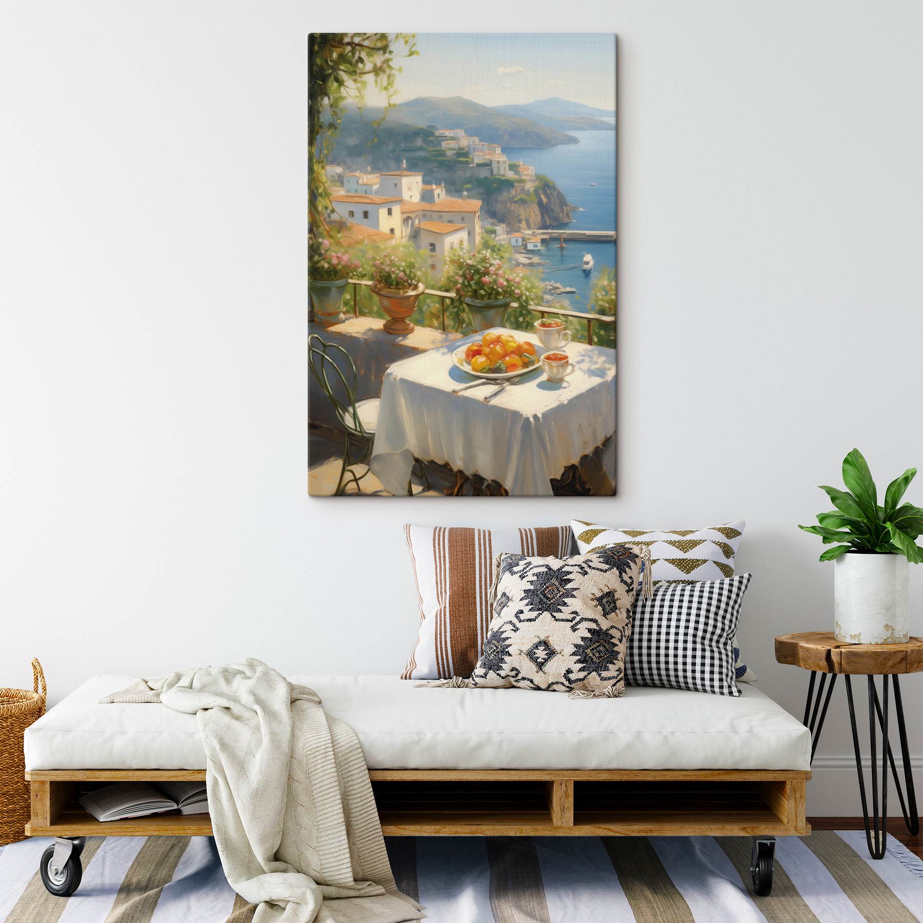 Table with fruit on it and a view of the ocean Table with fruit on it and a view of the ocean