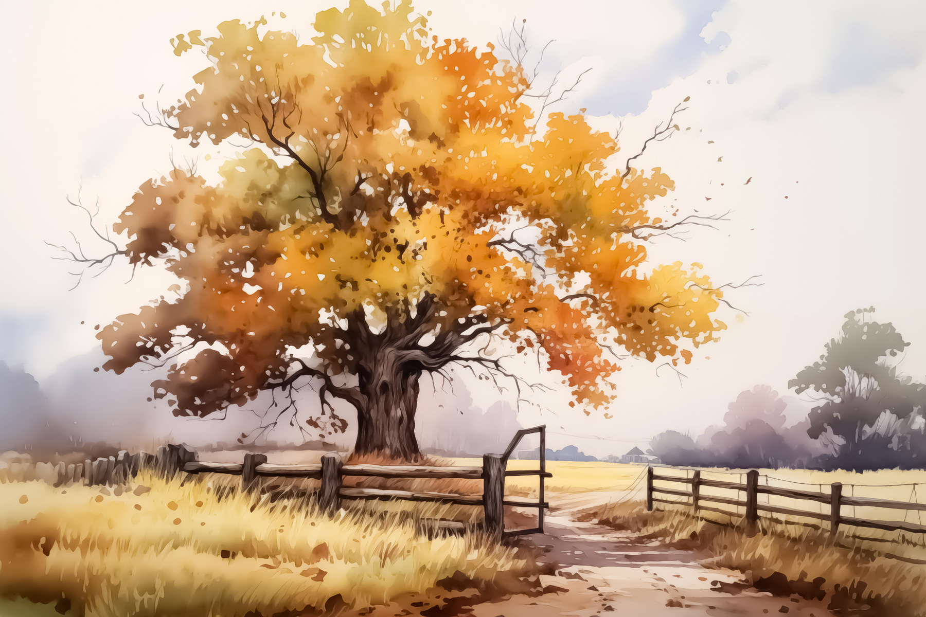 Tree with yellow leaves and a fence