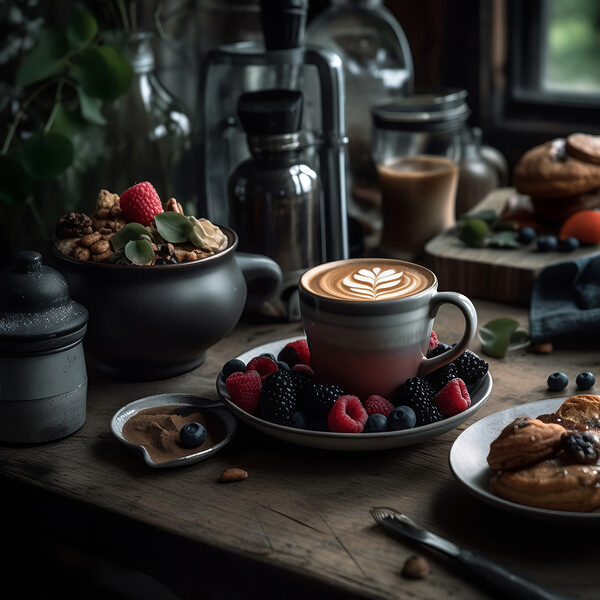 Cup of coffee with a latte art on a plate with fruit and cereals Cup of coffee with a latte art on a plate with fruit and cereals