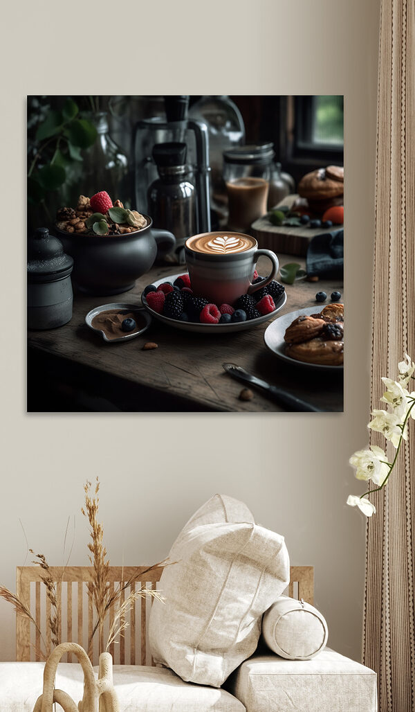 Quadri Una tazza di caffè con decorazioni di latte su un piatto con frutta e cereali (COD: s32154) Quadri Quadri Una tazza di caffè con decorazioni di latte su un piatto con frutta e cereali (COD: s32154)