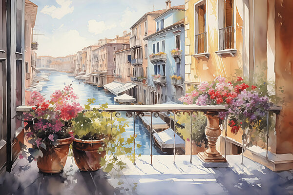 Acquerello di un fiume con una fila di edifici e fiori su un balcone Acquerello di un fiume con una fila di edifici e fiori su un balcone