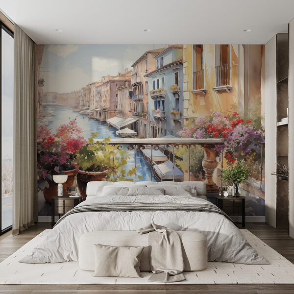 Acquerello di un fiume con una fila di edifici e fiori su un balcone Acquerello di un fiume con una fila di edifici e fiori su un balcone