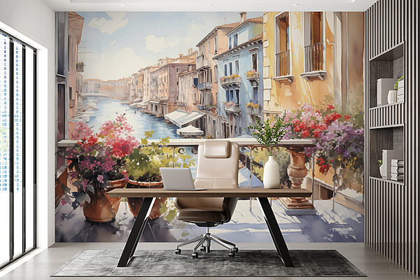 Acquerello di un fiume con una fila di edifici e fiori su un balcone Acquerello di un fiume con una fila di edifici e fiori su un balcone