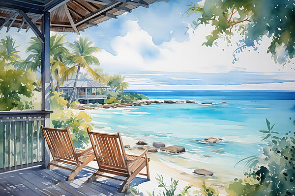 Acquerello di sedie su una terrazza con vista sulla spiaggia Acquerello di sedie su una terrazza con vista sulla spiaggia