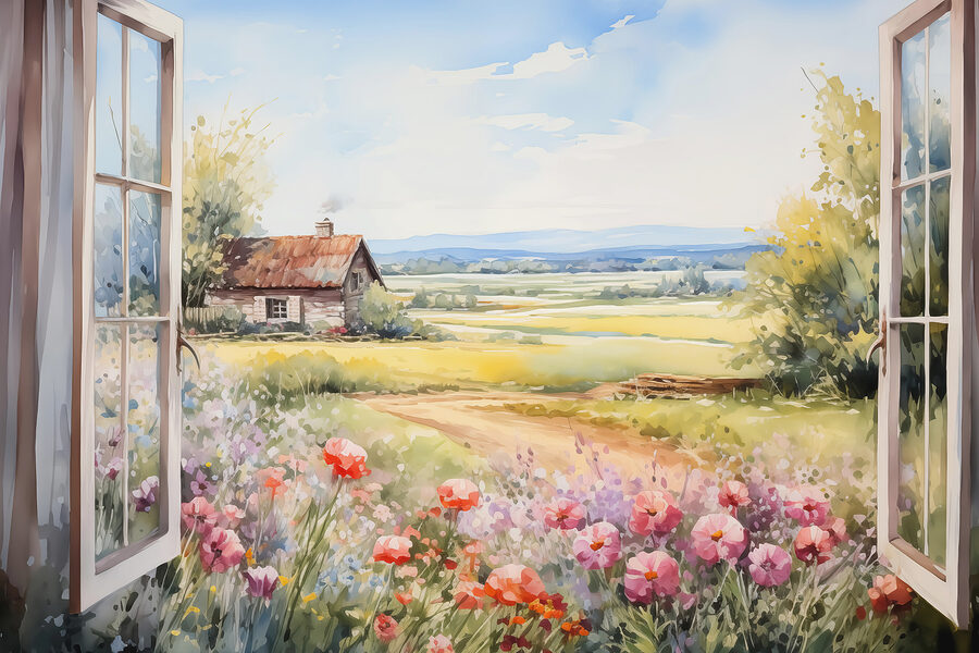 Pittura di una casa e fiori Pittura di una casa e fiori