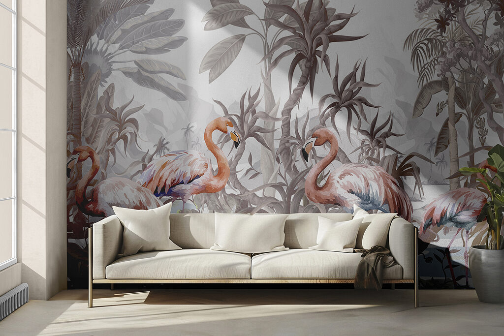 Group of flamingos in a forest