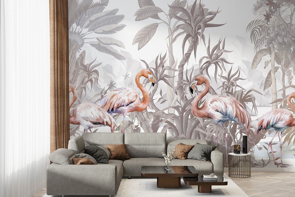 Group of flamingos in a forest