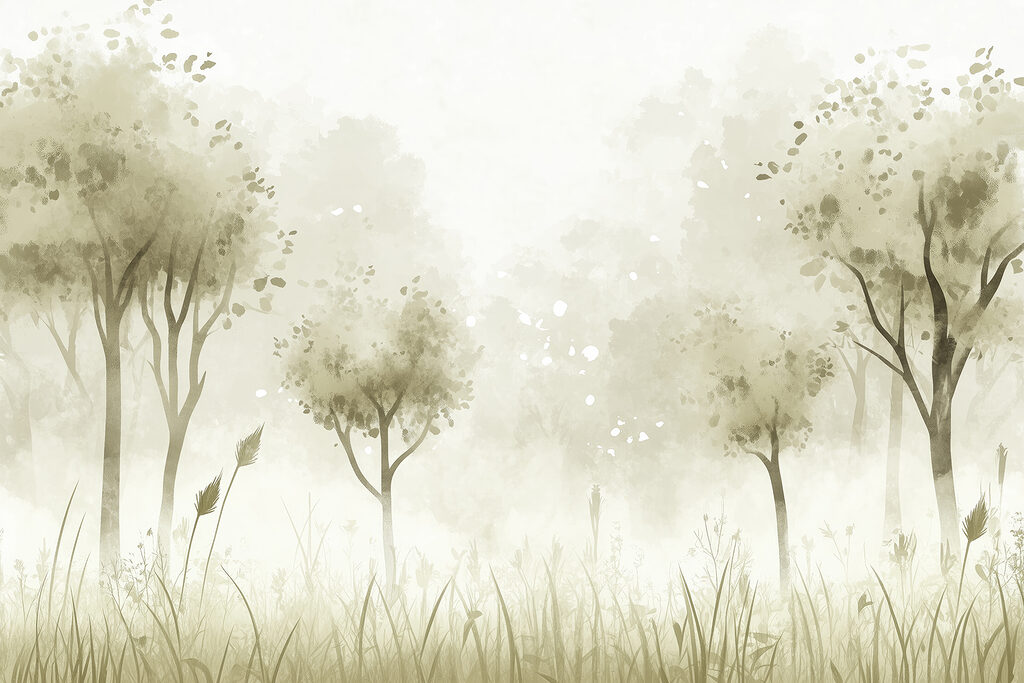 Paesaggio nebbioso con alberi ed erba Paesaggio nebbioso con alberi ed erba