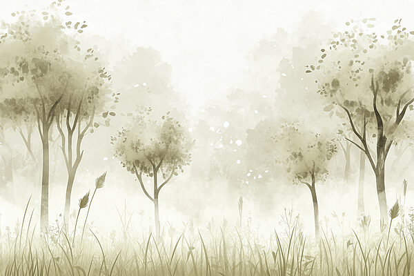 Paesaggio nebbioso con alberi ed erba Paesaggio nebbioso con alberi ed erba
