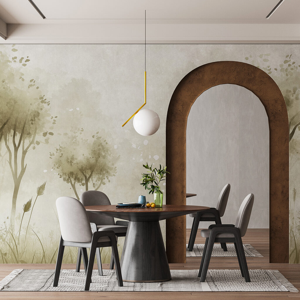 Foggy landscape with trees and grass Foggy landscape with trees and grass