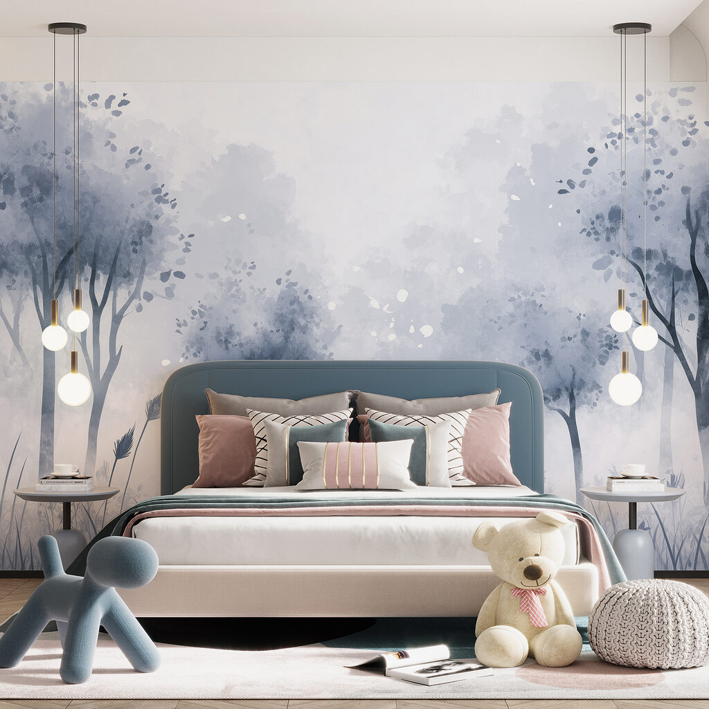 Foggy forest with trees and grass