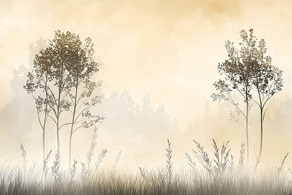 Paesaggio nebbioso con alberi ed erba Paesaggio nebbioso con alberi ed erba