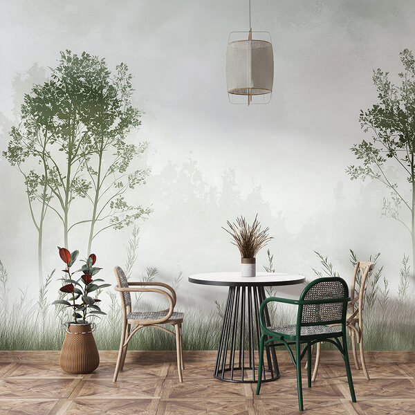 Paesaggio nebbioso con alberi ed erba Paesaggio nebbioso con alberi ed erba