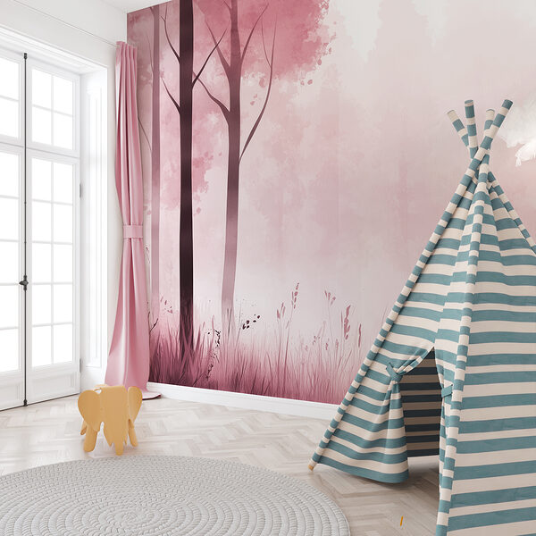 Foresta nebbiosa con alberi rosa Foresta nebbiosa con alberi rosa