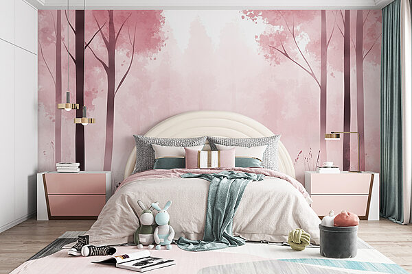 Foresta nebbiosa con alberi rosa Foresta nebbiosa con alberi rosa