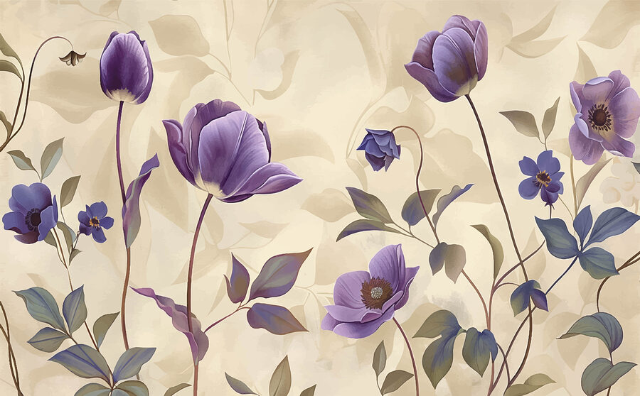 Carta da parati Fiori viola su sfondo beige - immagine 4