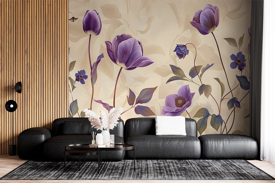 Carta da parati Fiori viola su sfondo beige - immagine 2