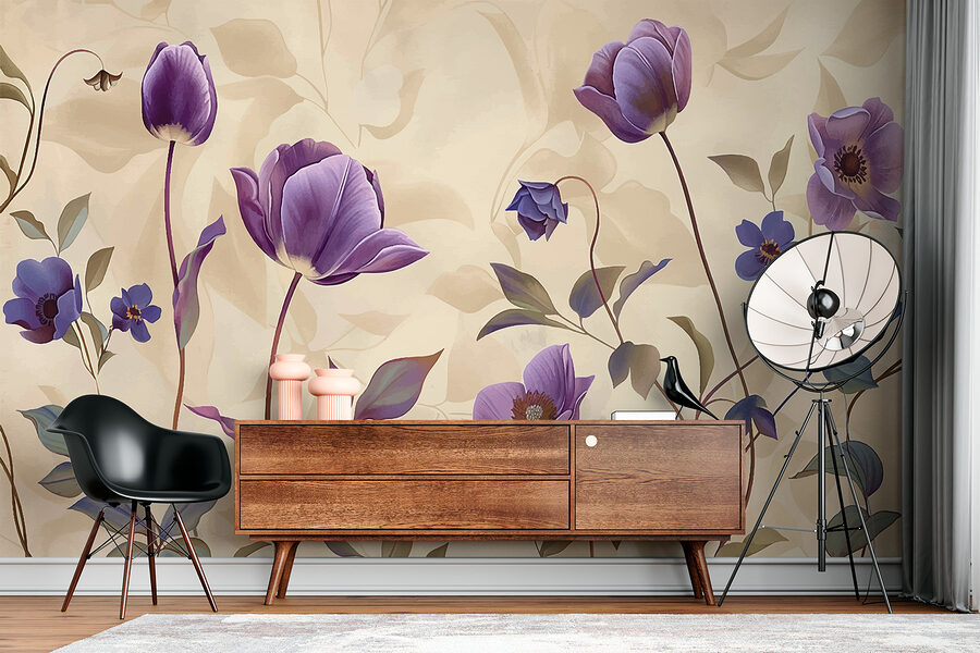 Carta da parati Fiori viola su sfondo beige - immagine 3
