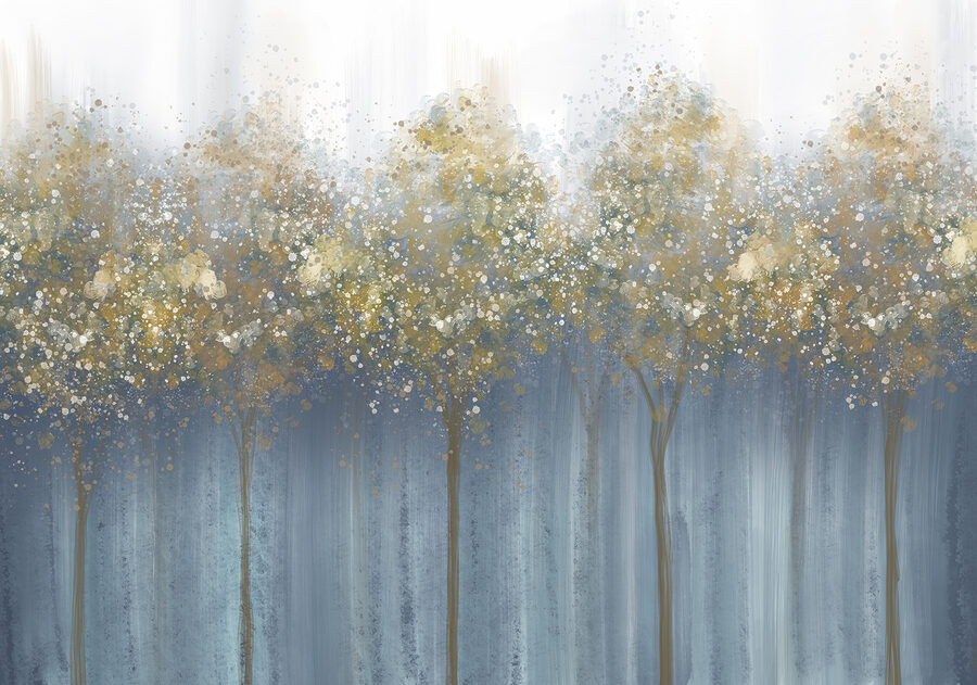 Pittura di alberi in una foresta nebbiosa