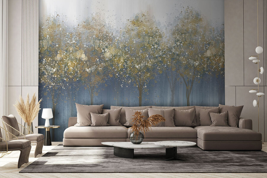 Pittura di alberi in una foresta nebbiosa